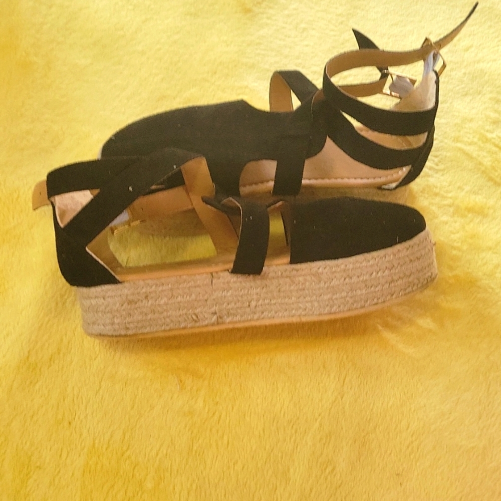 Black Espadrills With Criss Cross Straps, Double Buckles, and 1" platform size 8
